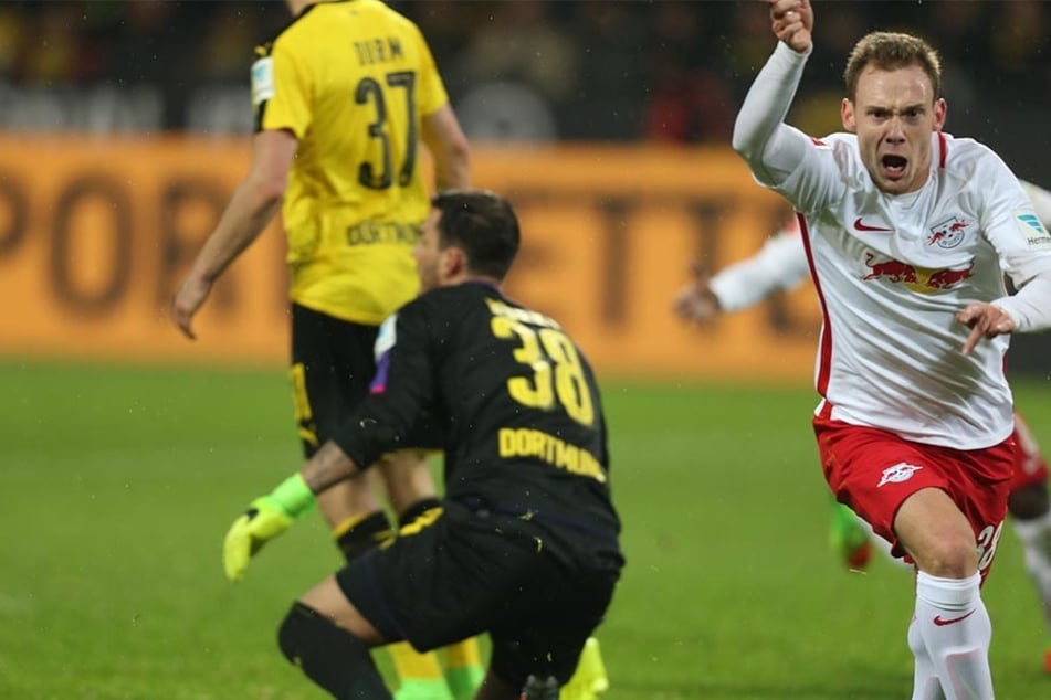Palacios Martinez bejubelte sein Tor zum 1:1 im Bundesligaspiel von RB in Dortmund. Sein Treffer (90.+4) wurde wegen Abseitsposition jedoch nicht gegeben.