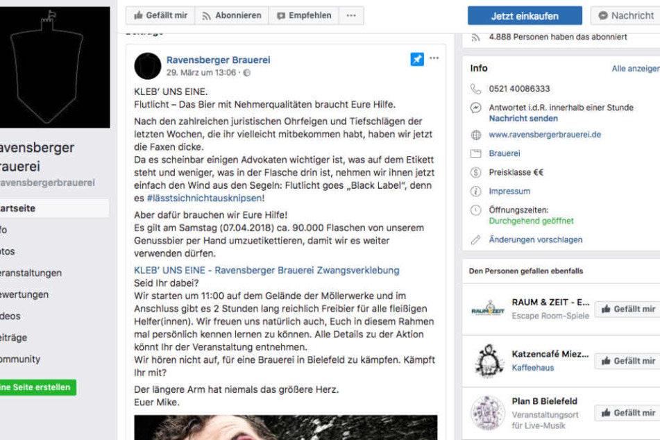 So sieht es aktuell auf der Facebook-Seite der Ravensberger Brauerei aus.