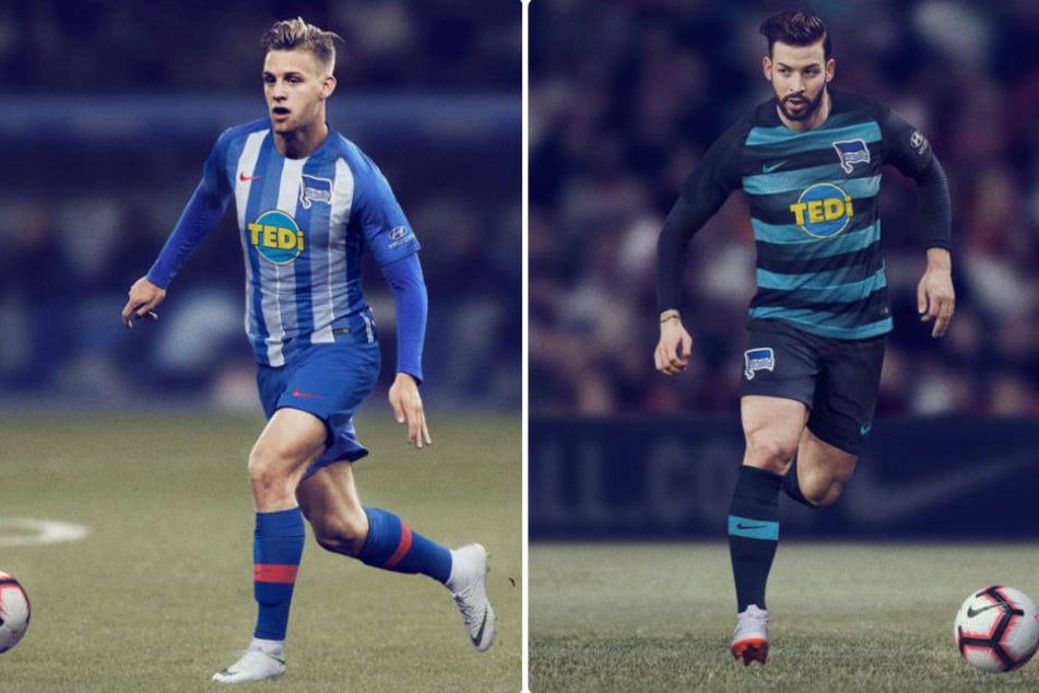Die neuen Trikots von Hertha BSC Berlin: Heim-Shirt (l) und Auswärts-Dress.