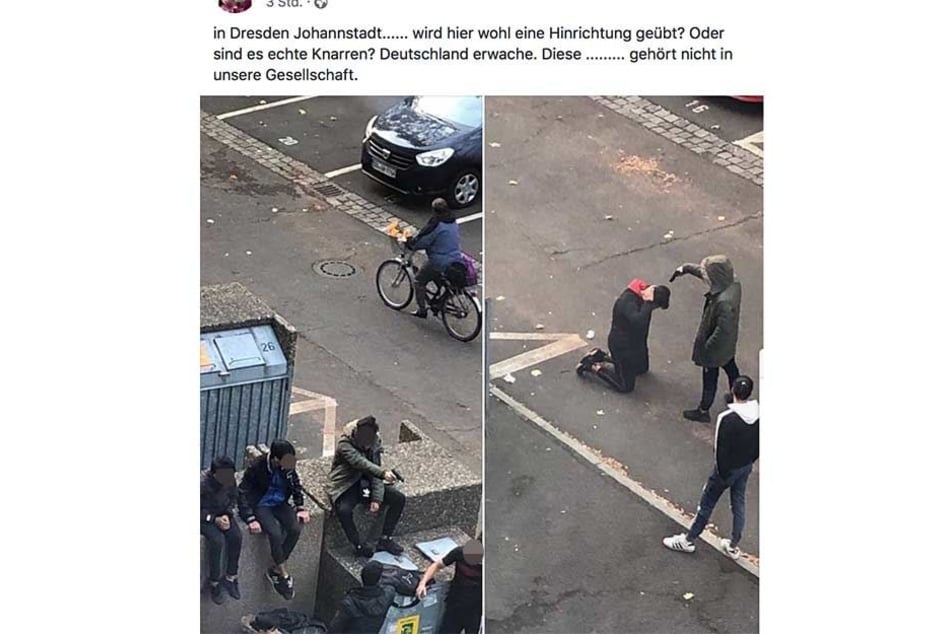 Links ist zu sehen, wie ein junger Mann mit einer Pistole zielt, rechts das Foto der Scheinhinrichtung.