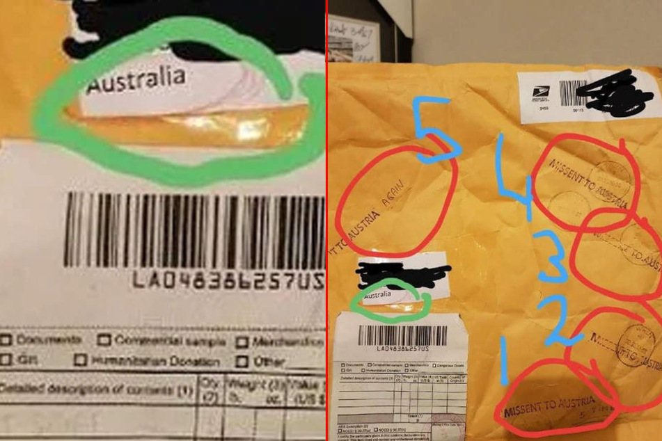 Das Paket ist voller Stempel, die Hinweise auf seine lange Reise geben.