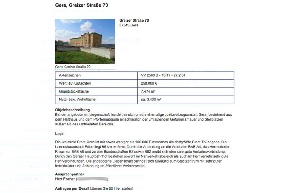 Die ehemalige JVA wird auf der Seite des Thüringer Liegenschaftsmanagement angeboten.
