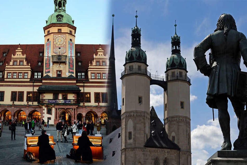 Das alte Rathaus in Leipzig und die Marktkirche Unser lieben Frauen in Halle.