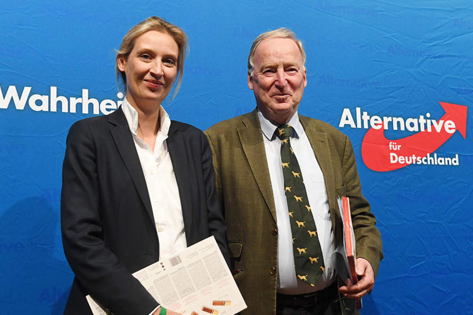 Gauland (r) und Weidel stehen beim Landesparteitag der AfD Baden-Württemberg in der Badnerlandhalle in Karlsruhe zusammen auf der Bühne.