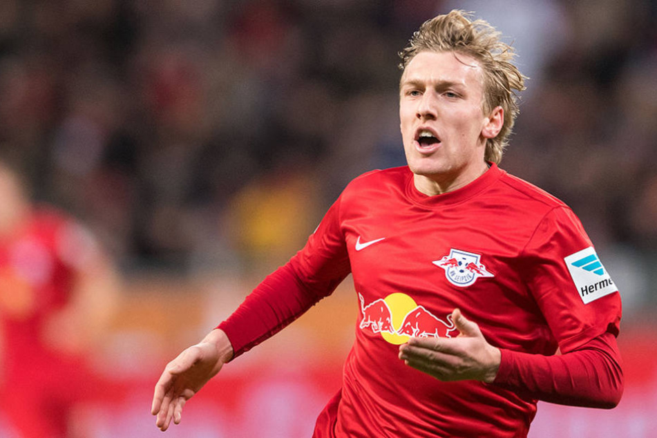 Emil Forsberg vom RB Leipzig jubelt über den Ausgleich zum 2:2.