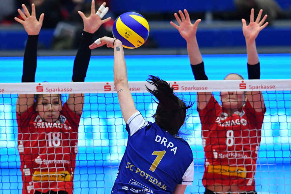 Potsdams Ass Marta Drpa (M.) vergangene Saison im Angriff gegen das DSC-Duo Sasa Planinsec (l.) und Marrit Jasper.
