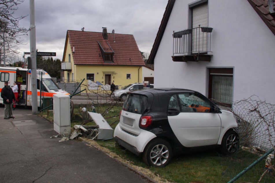 Der Smart walzte einen Stromkasten platt, durchbrach einen Gartenzaun.