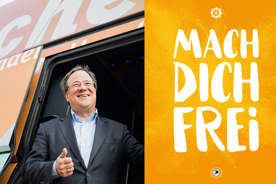 Armin Laschets (links) CDU soll den Wahlspruch "Mach dich frei" von den Piraten geklaut haben. Die Postkarte rechts stammt aus dem saarländischen Wahlkampf.
