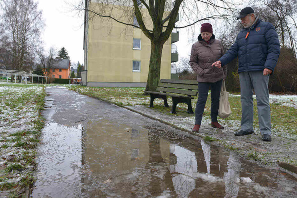 Rutschgefahr für Fußgänger: Der Fußweg im Flemminggebiet verwandelt sich in eine Eisfläche.