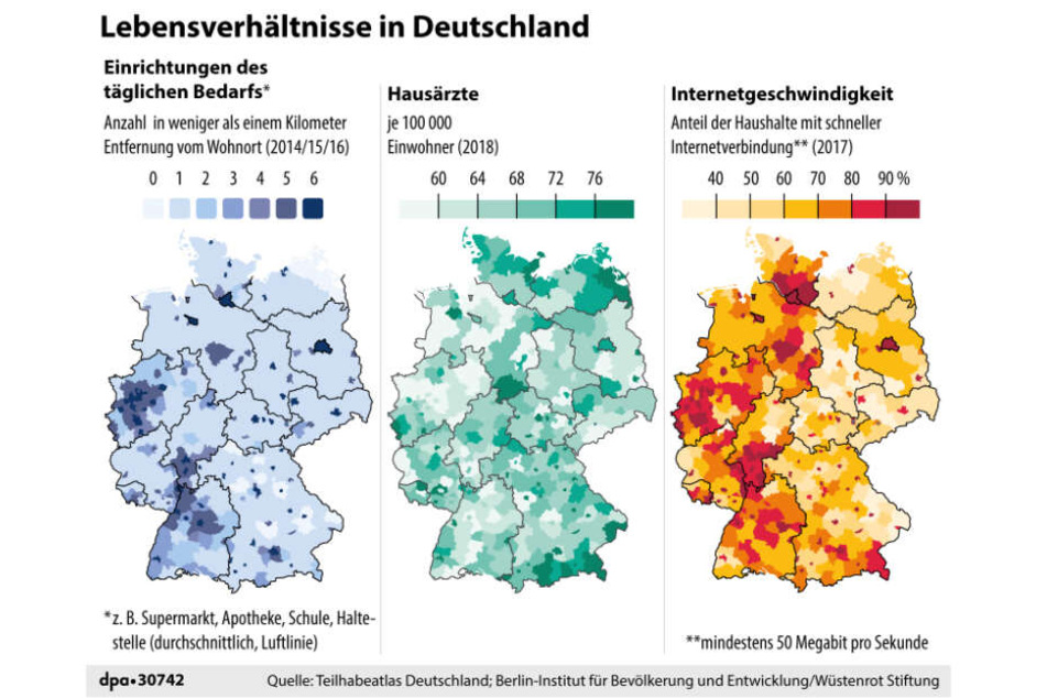 Deutschlandkarten: Erreichbarkeit von Einrichtungen des täglichen Bedarfs, Hausärzte und Haushalte mit Internetverbindung.