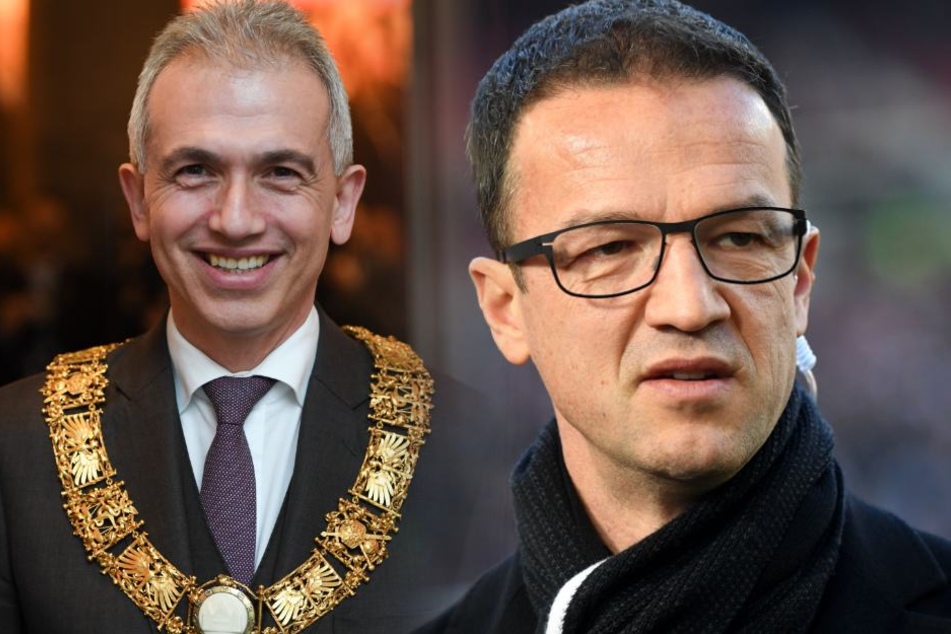 Fotomontage: Frankfurts OB Peter Feldmann und Eintracht-Sportvorstand Fredi Bobic (Re.) konnten ihre Freude kaum zurückhalten.