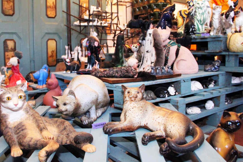 Katzenfiguren stehen in der Katzenkunst-Sammlung im Rittergut Bösenbrunn.