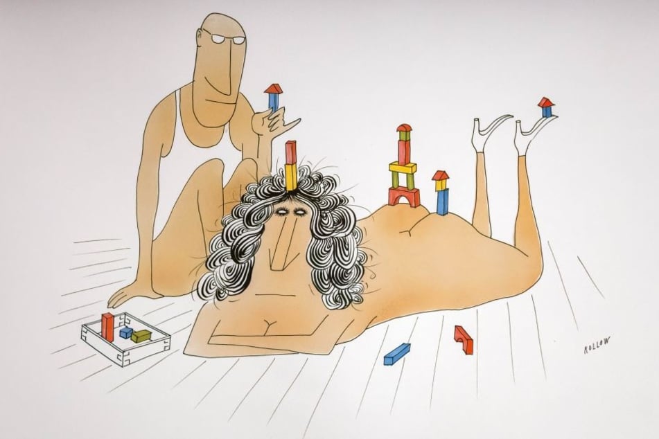 Arbeitet meist mit Airbrush-Technik: Rollows Karikaturen sind derzeit in
Waldheim ausgestellt. Sie kommen frivol daher oder sollen Autoritäten lächerlich
machen - so wie „Vorspiel“ ...