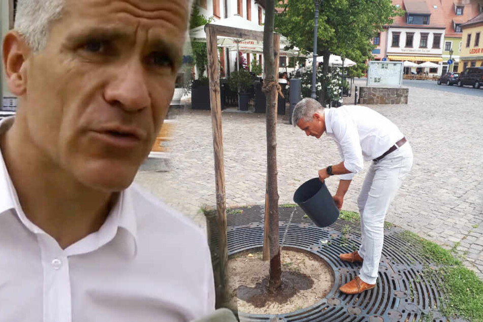 Oberbürgermeister Matthias Berger (50) legt selbst Hand an und ruft zur "Baum-Gieß-Challenge" auf.