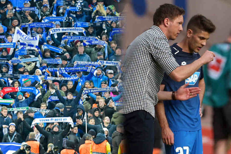 Hoffenheims Trainer Julian Nagelsmann (rechts im Bild, Hemd) will vor seinem Wechsel im Sommer zu RB Leipzig alles daran setzen, dass die TSG-Fans ihre Mannschaft in der kommenden Saison in einem europäischen Wettbewerb sehen. (Fotomontage)