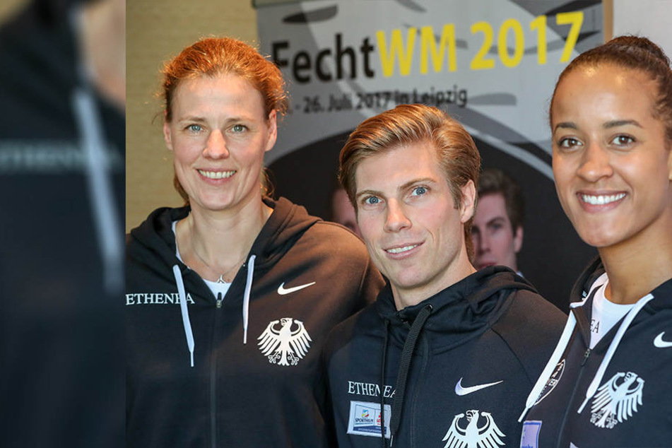 Claudia Botel, Präsidentin des Deutschen Fechter-Bundes; Peter Joppich, vierfacher Weltmeister und Alexandra Ndola, EM-Zweite 2017 nach der Pressekonferenz des Deutschen Fechter-Bundes.