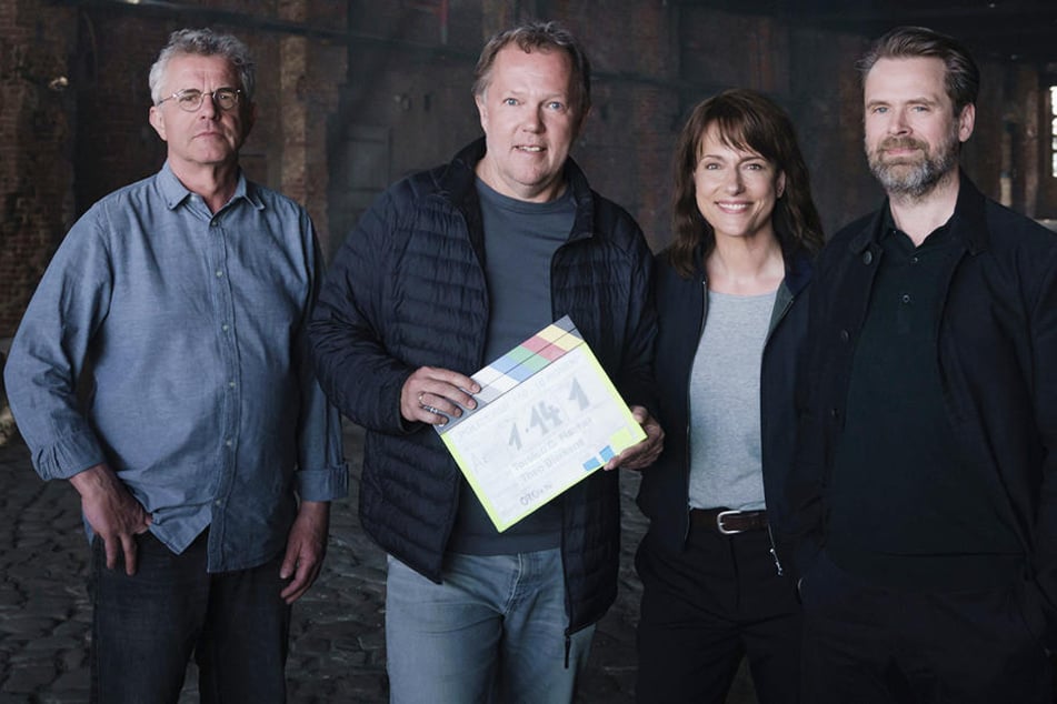 Waren am neuen Polizeiruf-Film beteiligt: Kameramann Theo Bierkens, Regisseur Torsten C. Fischer sowie die beiden Schauspieler Claudia Michelsen und Matthias Matschke (v.l.n.r.).