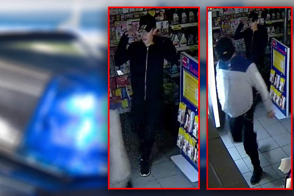 Einer der Täter trug ein Basecap und schwarze Jacke (l), der andere war maskiert und mit einer weißen Jacke.