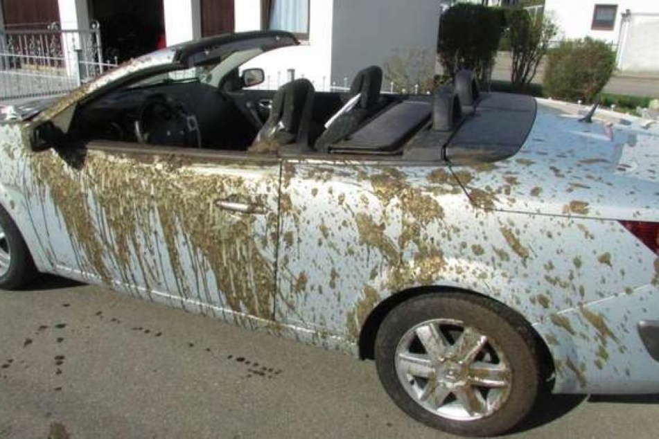 Von vorn bis hinten voll mit ekliger Gülle: Das Cabrio ist wohl nicht mehr zu gebrauchen.