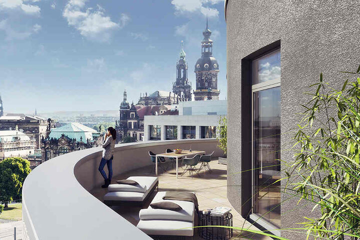 Eine schicke Terrasse mit Blick über Dresden soll ebenfalls entstehen, wie diese Visualisierung zeigt.