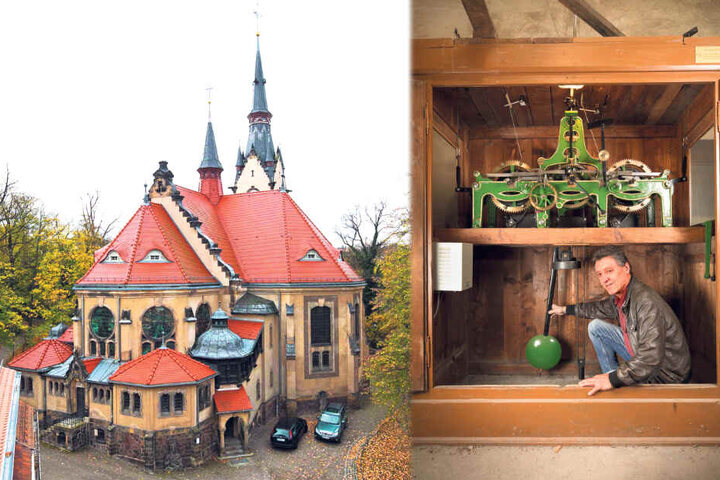 In der Auferstehungskirche Plauen stellt Hausmeister Stefan Zimmermann (63) die Kirchuhr noch per Hand um.
