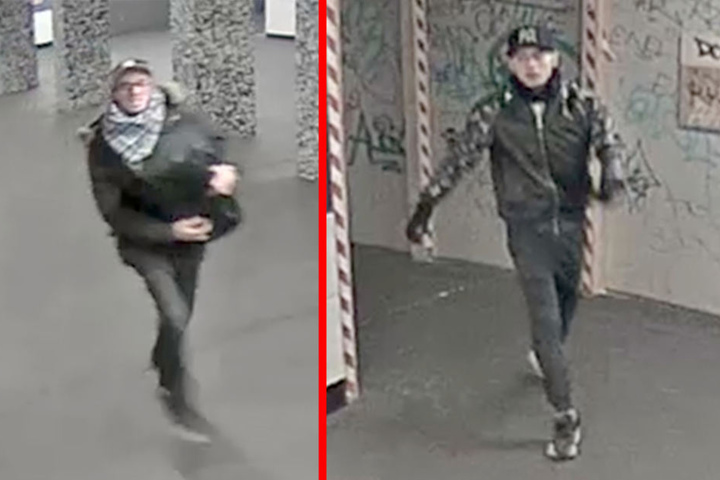 Täter 1 (l) mit der Reisetasche und Täter 2 (r) in der Zwischenebene des U-Bahnhofs Bayrischer Platz.