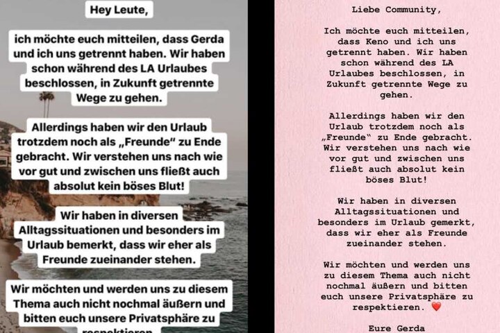 Keno (links) und Gerda gaben die Trennung per Statement in der Instagram-Story bekannt.