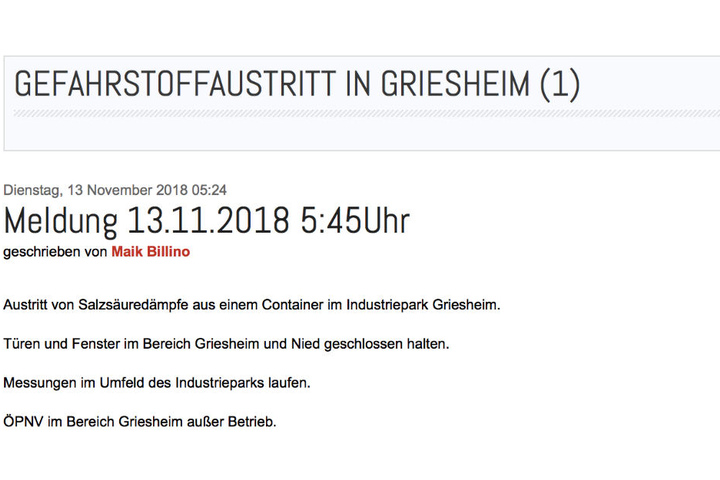 Wie die Feuerwehr auf ihrer Website mitteilte, handelt es sich bei dem ausgetretenen Gefahrstoffen um Salszsäuredämpfe.