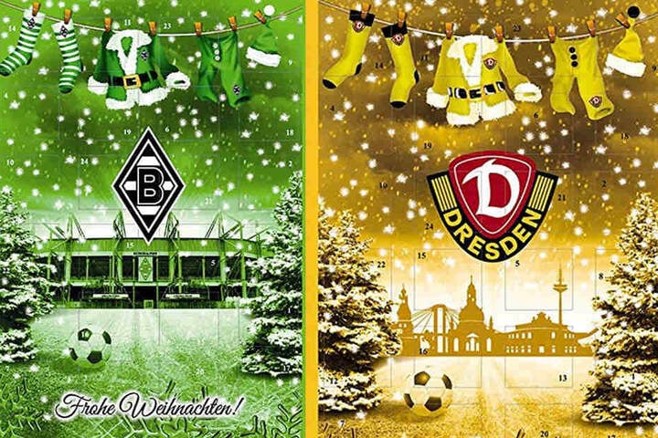 Die Firma, die den Dynamo-Weihnachtskalender gestaltet hat, designte auch einen für Borussia Mönchengladbach. Der hat die gleiche weihnachtliche Vorlage, aber das Stadion im Hintergrund.