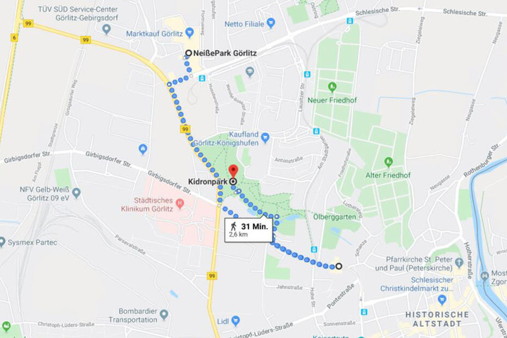 Die ungefähre Flucht-Route des Wildschweins durch Görlitz.