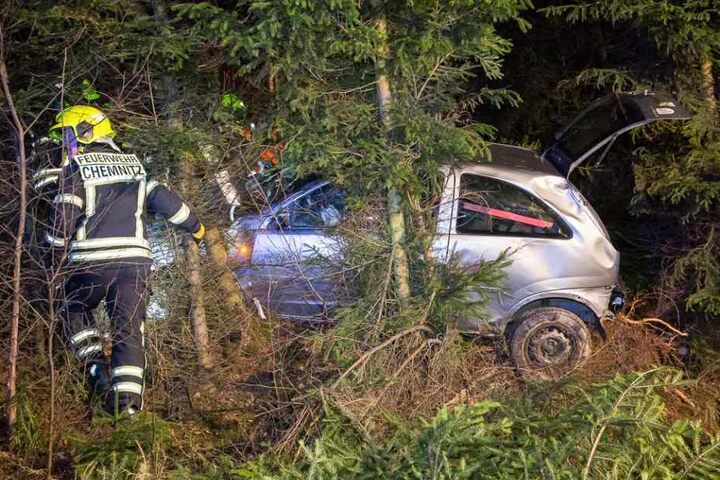 Der Opel fuhr etwa 100 Meter durchs Unterholz, bevor er zwischen den Bäumen stecken blieb.