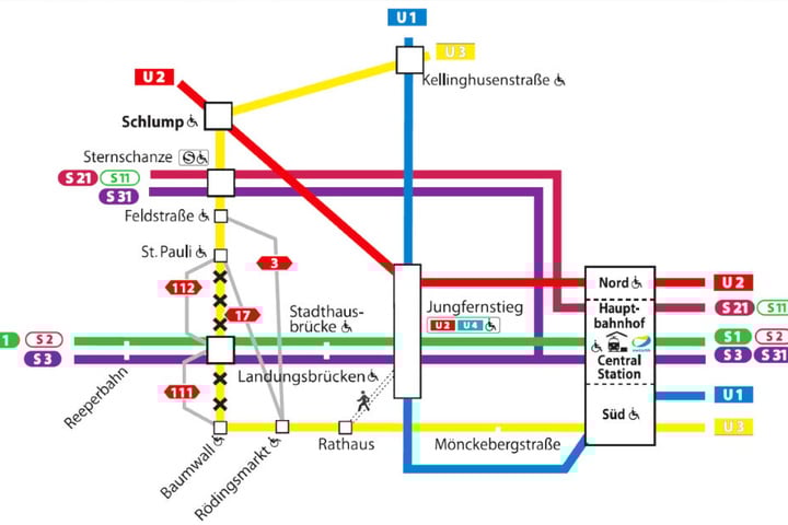 Die U3-Strecke zwischen St. Pauli und Baumwall ist ab 20. Mai gesperrt. Der Plan zeigt alternative Verbindungen.