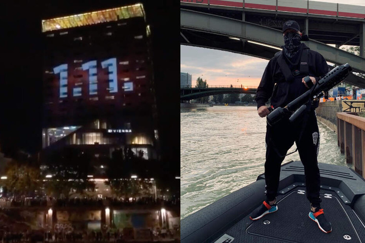Die Rapper feuerten Promoartikel mit T-Shirt-Kanonen auf die Fans am Ufer - später wurde das Release-Datum an einer Hauswand enthüllt.