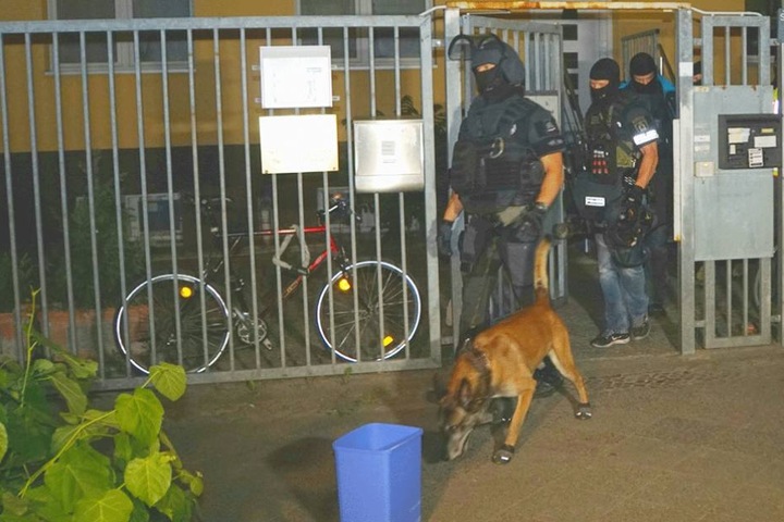 SEK-Beamte und ein Hund verlassen das Grundstück.
