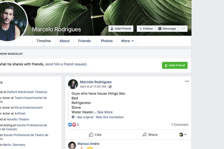 Der Screenshot zeigt die Facebook-Seite des Schauspielers.