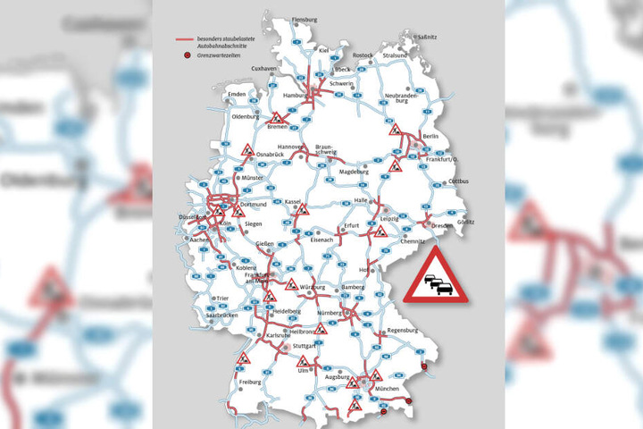 Mit dieser Grafik weist der ADAC auf die Gefahrengebiete für Stau hin.