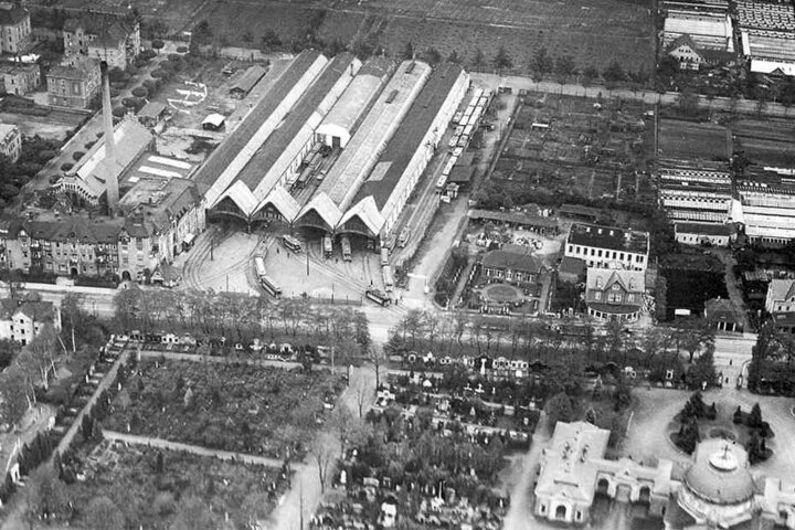 Luftaufnahme von 1927: Im ehemaligen Tolkewitzer Straßenbahndepot ist heute nichts mehr, wie es mal war.
