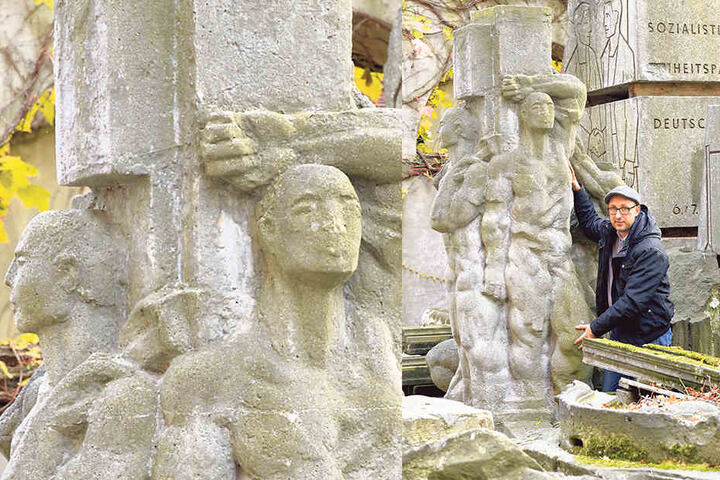 Mathias Körner (40) zeigt die Bauarbeiter-Skulptur, die noch im Lapidarium in der Südvorstadt liegt.