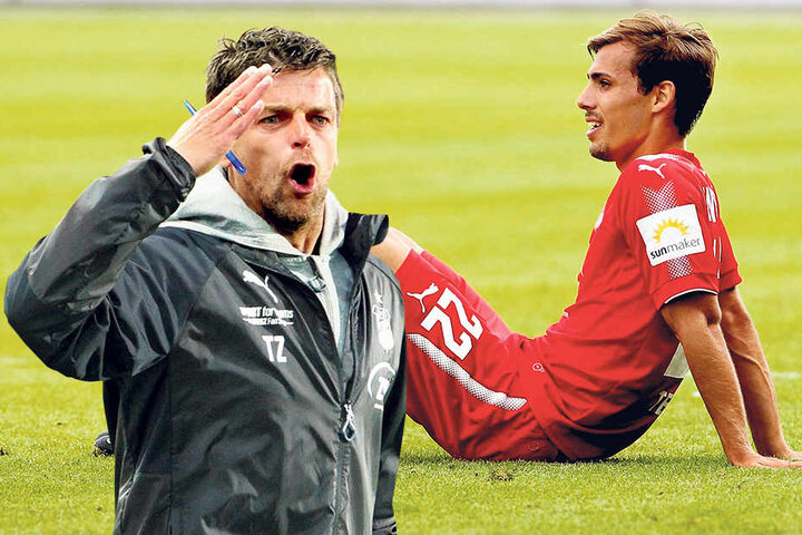 Sinan Terkerci sollte sich gegen Regensburg anbieten - tat er nicht. Nach 45 Minuten war schon wieder Schluss. Trainer Torsten Ziegner (li.) zählte ihn an.