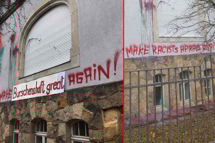 Auf die Parolen der Linksradikalen (Bild rechts) hat die Burschenschaft bereits mit einem Banner reagiert.