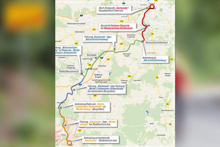 So soll die Karlsroute bis Aue verlaufen.