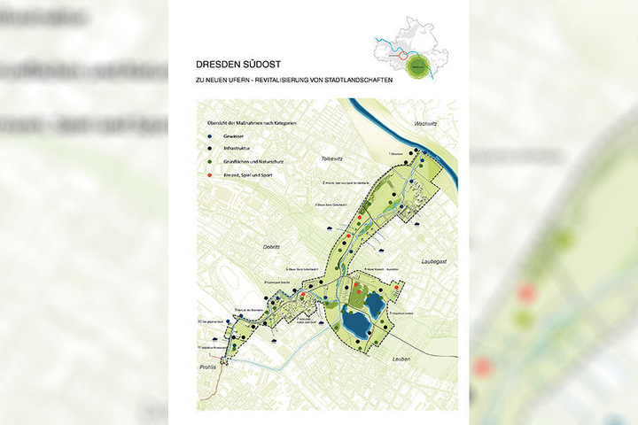 Ein Grünstreifen (140 Hektar) soll Prohlis mit dem Elbufer verbinden, Natur- und Erholungsraum werden.