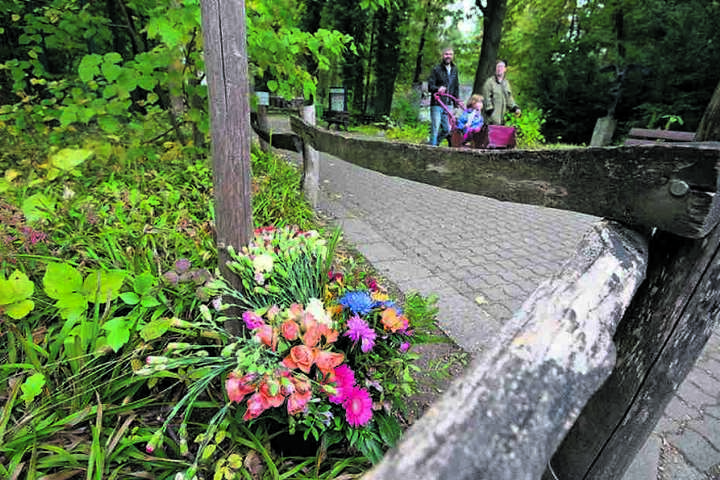 Am ehemaligen Gehege des Löwen stehen Blumen, ein gemaltes Bild hängt an der Scheibe.