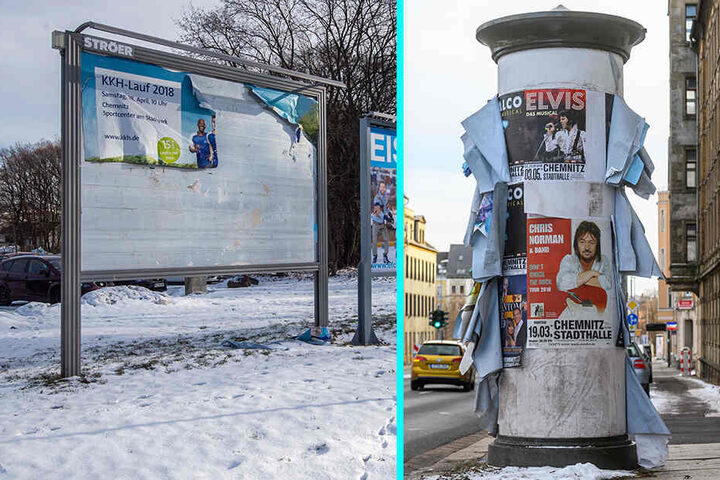 Eine Plakatwand am Eissportzentrum und eine Litfaßäule an der Leipziger Straße: Die Werbung ist uralt und die Plakate hängen herunter: