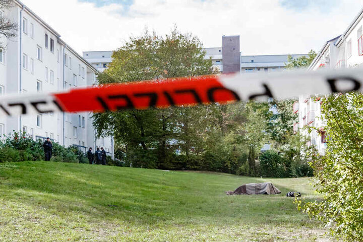 Der Leichnam eines 50 jährigen Behördenmitarbeiters liegt unter einer Decke auf dem Rasen vor einem Mehrfamilienhaus.