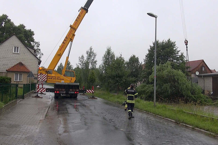 In Derenburg brauchten die Einsatzkräfte einen Autokran, um einen entwurzelten Baum aus dem Fluss zu ziehen. Das Ufer war so stark aufgeweicht, dass der große Baum in die Fluten fiel und in Richtung einer Brücke trieb.
