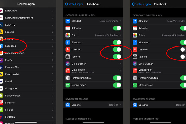 Erst wählt man die Facebook-App in den Einstellungen aus, dann deaktiviert man den Zugriff auf Mikrofon und Kamera.