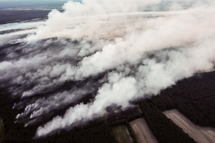 Rauch steigt während des Waldbrandes in der Nähe von Jüterbog auf.