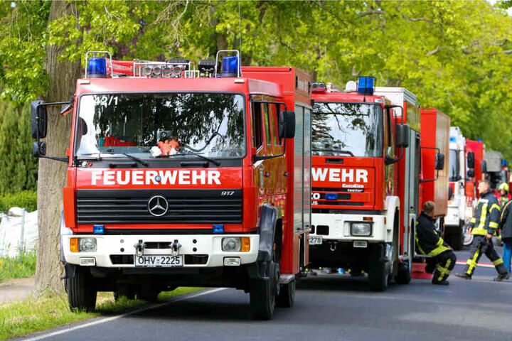 Mehrere Fahrzeuge der Feuerwehr stehen am Einsatzort.
