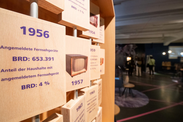 Eine Installation der Ausstellung in Nürnberg informiert über die Verbreitung des Fernsehens von 1952 bis 1972.